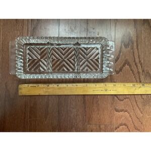 Vintage MCM Clear Herringbone Pressed Glass Relish Celery‎ Dish Scalloped Edges
